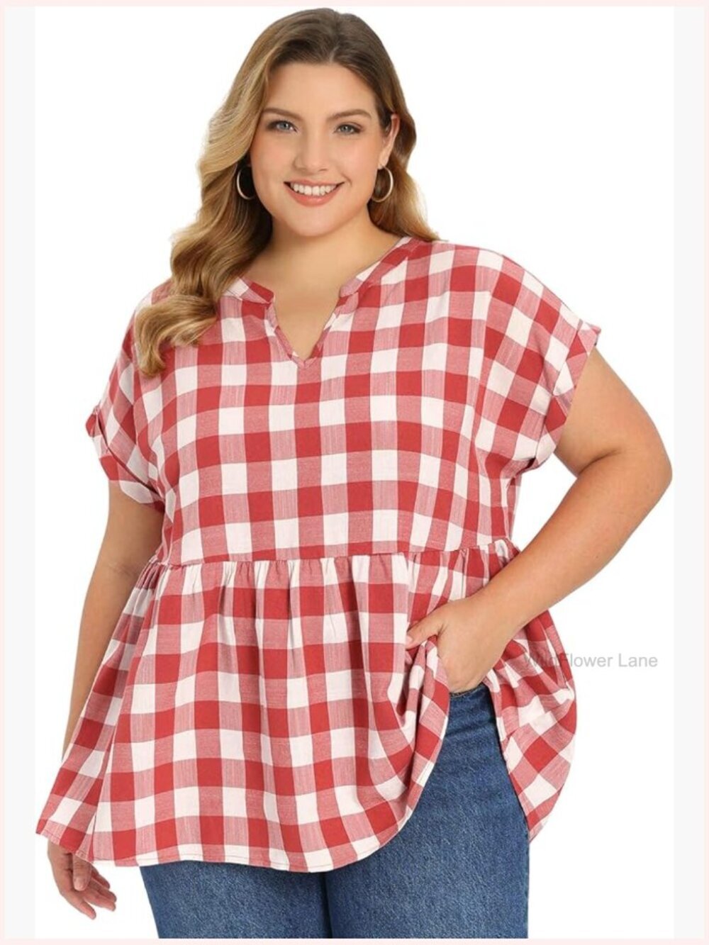 Plus Size Gingham Peplum Babydoll Top Notch V Neck Short Sleeve Blouse